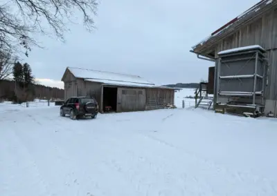 Stall und Scheune im Winter neben Wald
